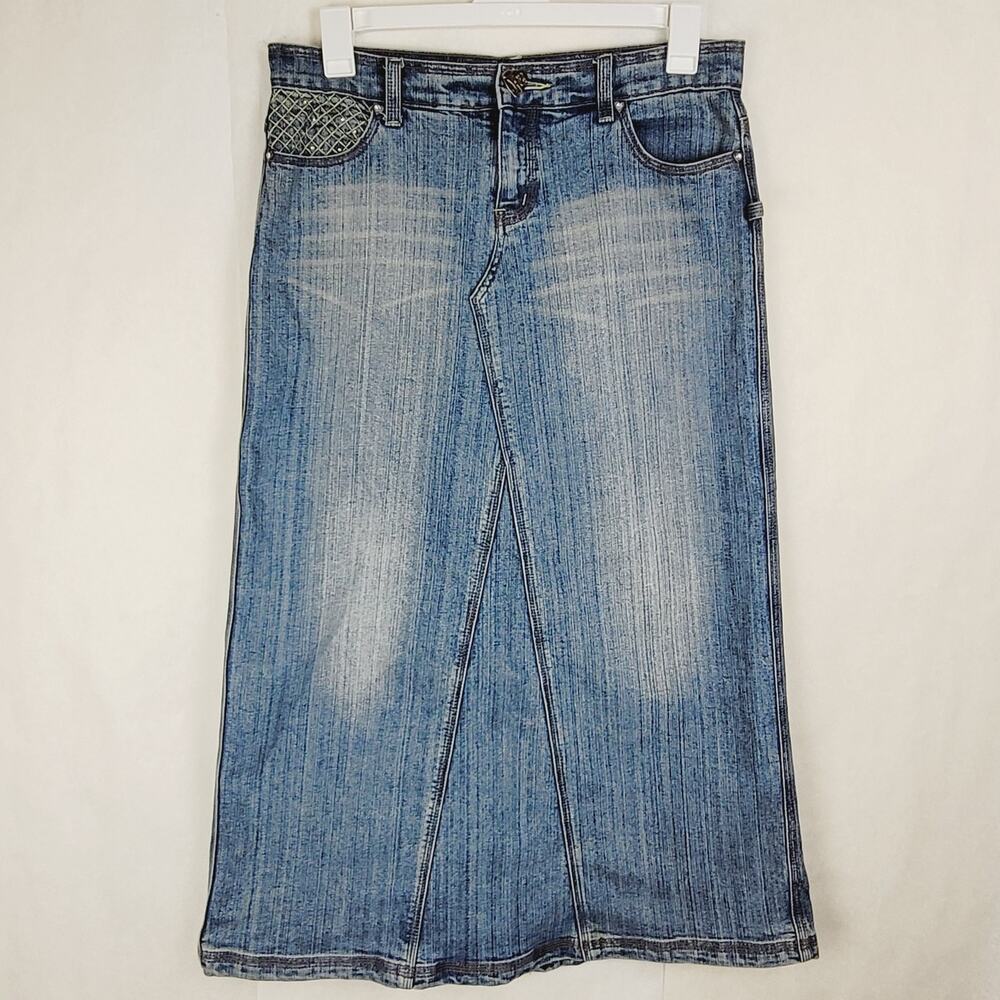 JouJou denim maxi skirt size 12 Embellished pocket back slit Y2K Retro Western